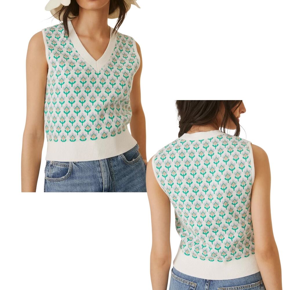 Anthropologie, Maeve Vera Jacquard Knit Sweater Vest Floral, White Green, Medium